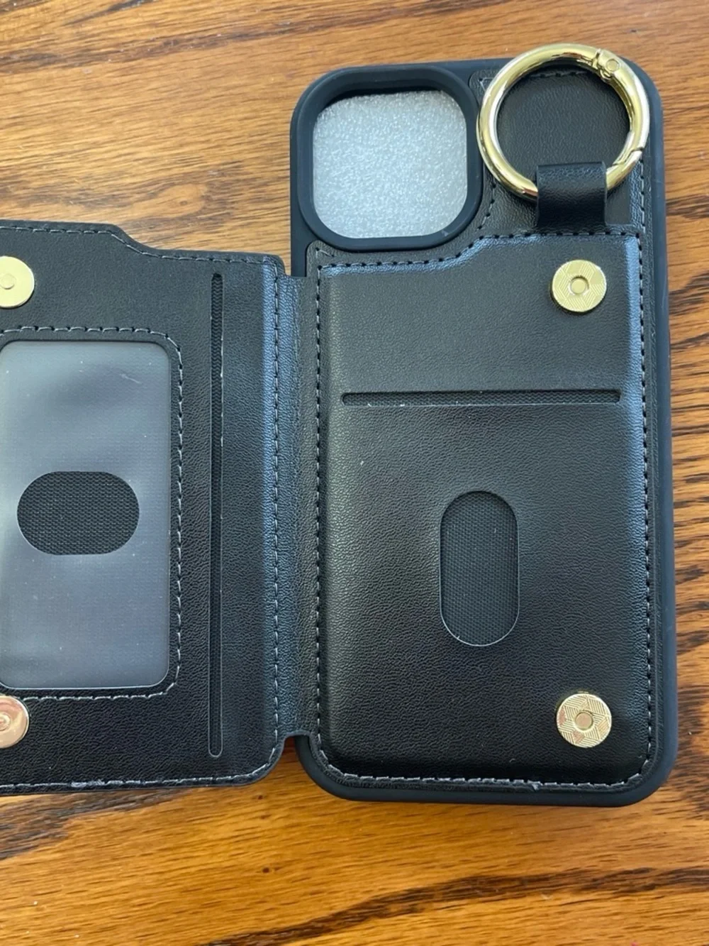 Black Leather Zipper Wallet Phone Case with Gold Ring for iPhone 13/14
